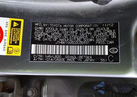 2013 Lexus Es 350 from USA, damaged, VIN JTHBK1GG5D2035931